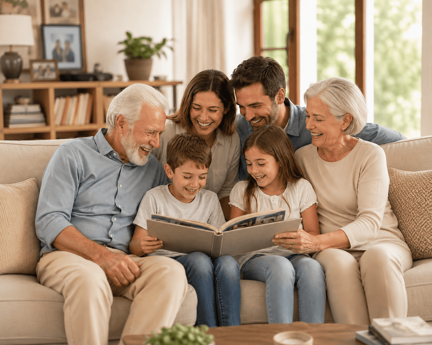 Família de três gerações reunida no sofá enquanto duas crianças folheiam um álbum.