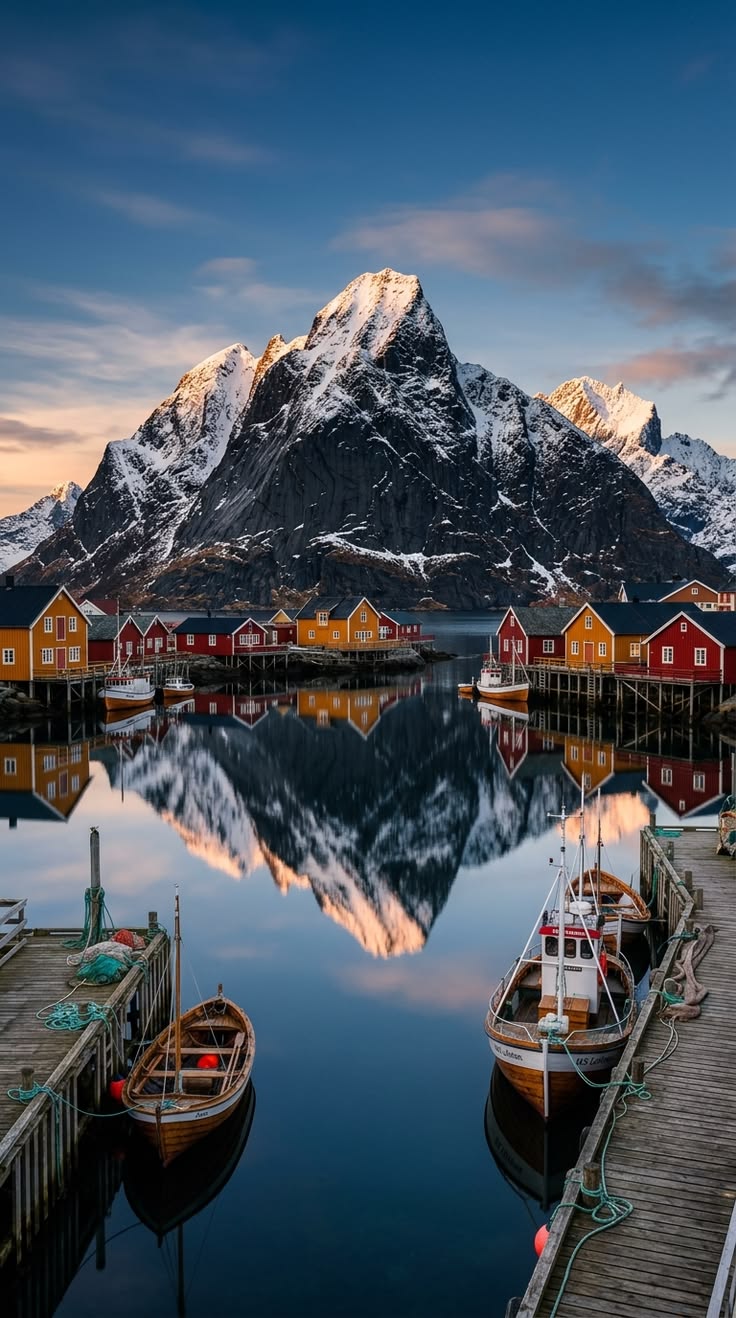 Vila costeira da Noruega diante de montanhas nevadas refletidas no mar